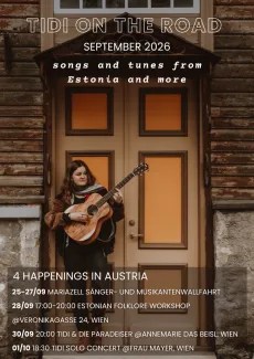 Artist standing with a guitar in front of an old wooden door, in the bottom of the page are listed her events in Vienna.